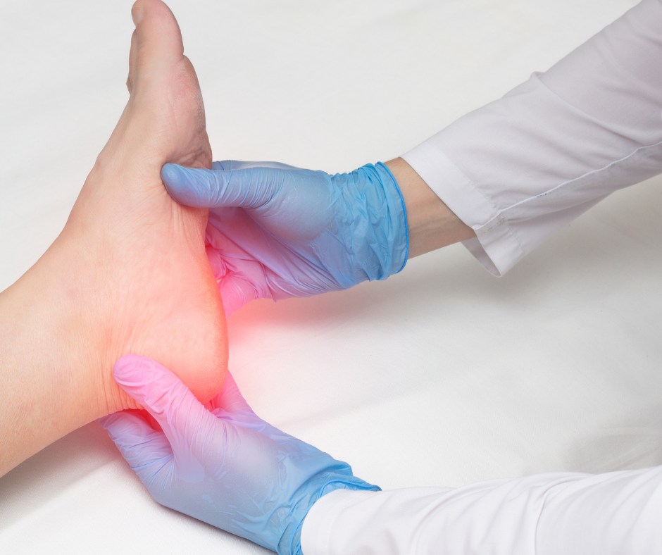 Podiatrist Assessing left foot for posterior heel pain, pain radiating from calcaneus growth plate potentially Sever's Disease. podiatrist assessing with blue gloves